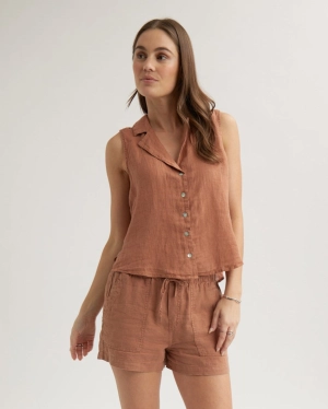 Linen Sleeveless Notch Collar Button Down - Terracotta Brown