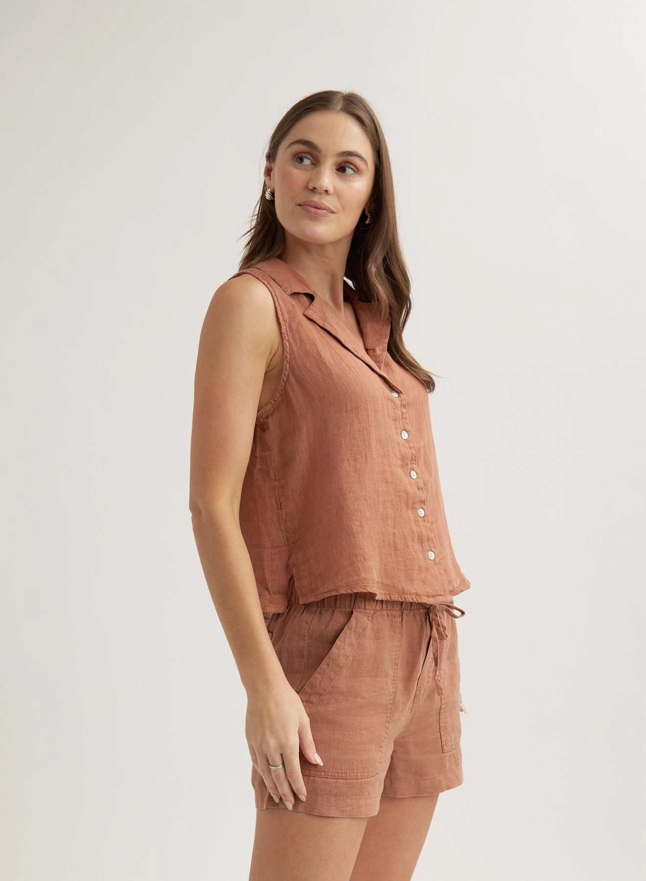 Linen Sleeveless Notch Collar Button Down - Terracotta Brown