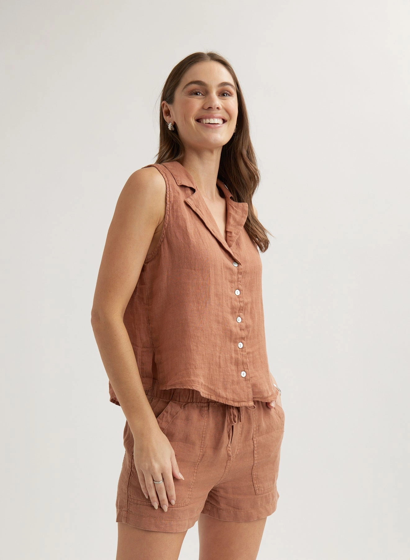 Linen Sleeveless Notch Collar Button Down - Terracotta Brown