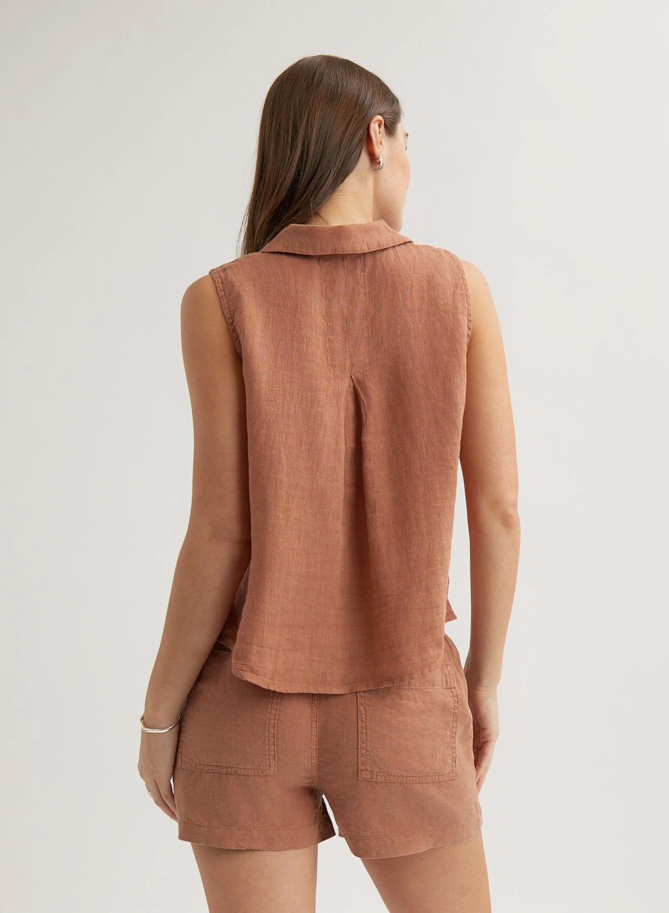 Linen Sleeveless Notch Collar Button Down - Terracotta Brown
