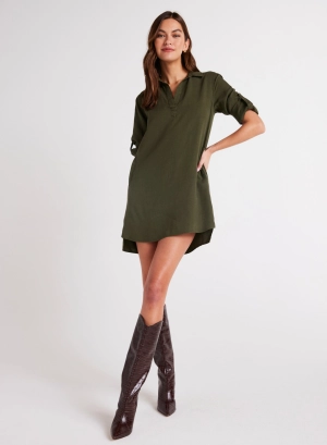 Long Sleeve A-Line Shirt Dress - Italian Herb