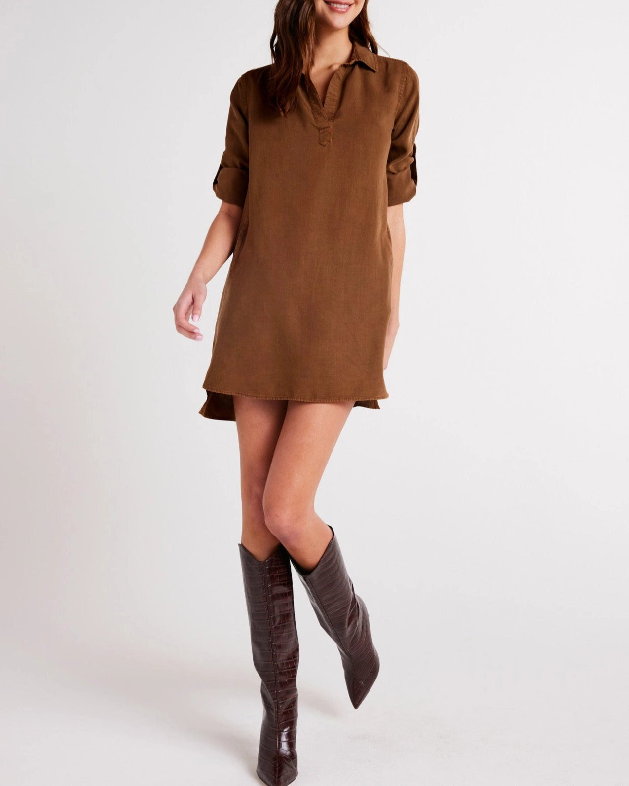 Long Sleeve A-Line Shirt Dress - Twilight Gold