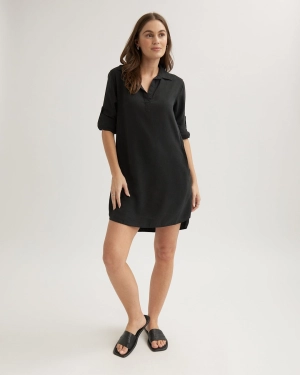 Long Sleeve A-Line Shirt Dress - Vintage Black