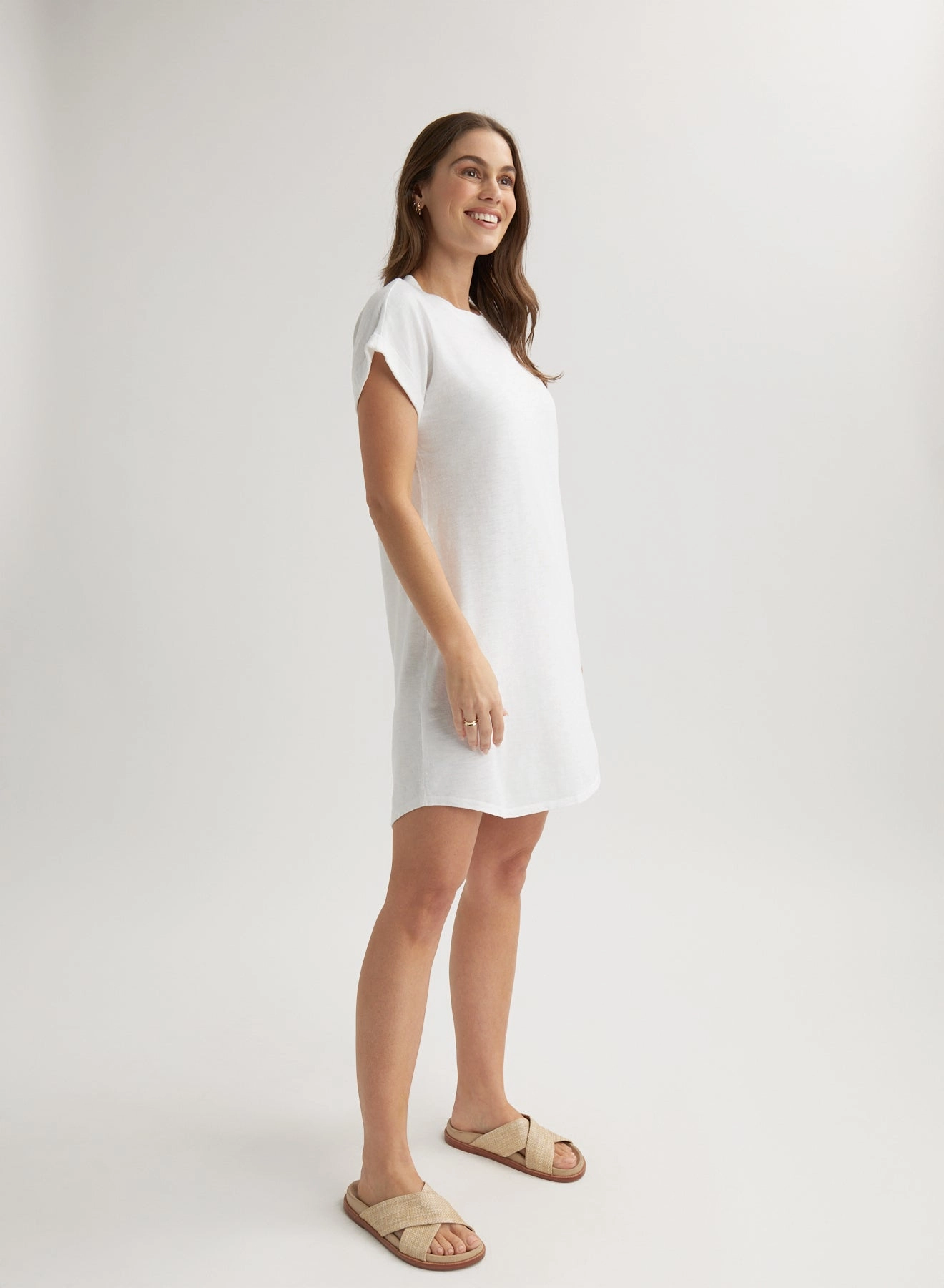 Roll Sleeve T-Shirt Dress - White
