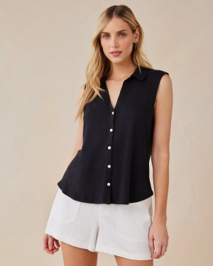 Sleeveless Button Front Top - Black