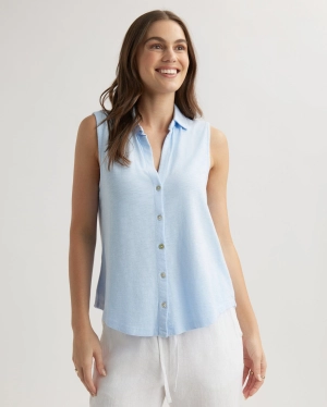 Sleeveless Button Front Top - Perennial Blue
