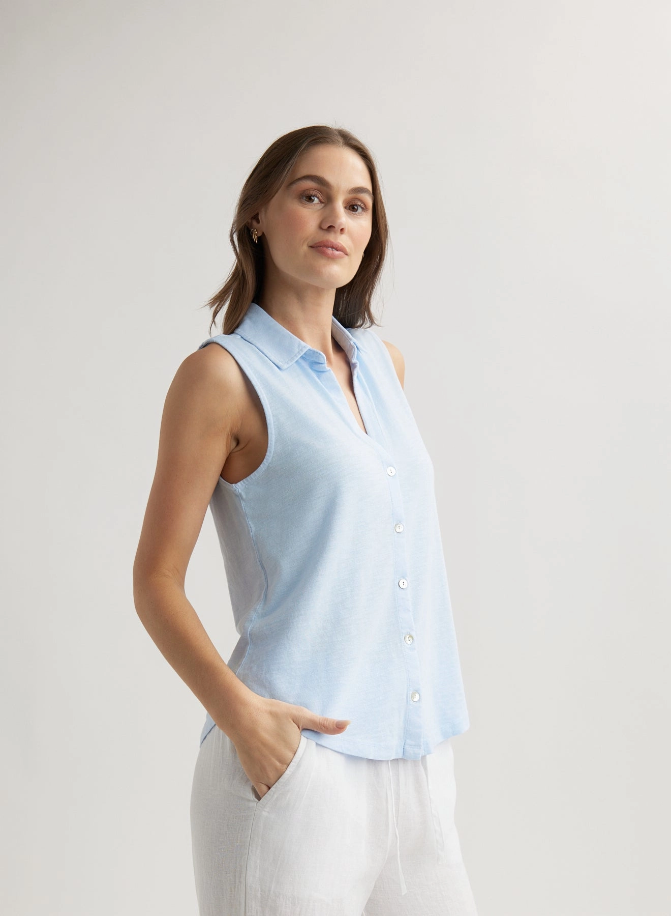 Sleeveless Button Front Top - Perennial Blue