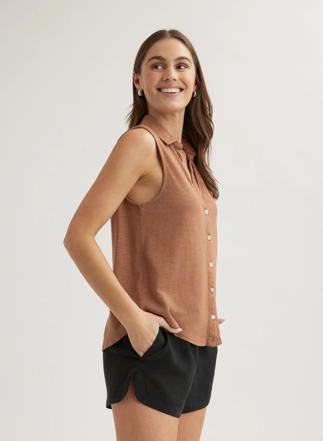 Sleeveless Button Front Top - Terracotta Brown