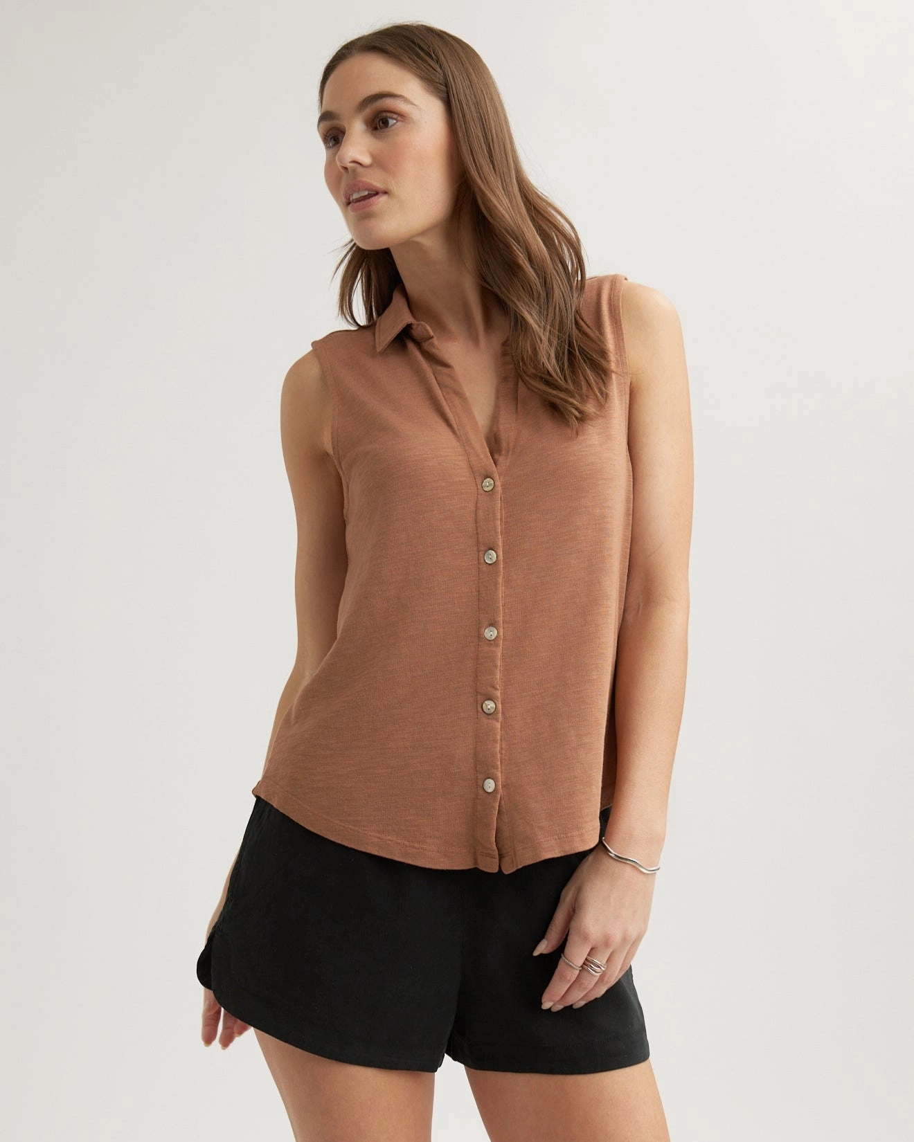 Sleeveless Button Front Top - Terracotta Brown