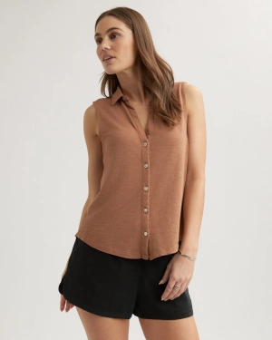 Sleeveless Button Front Top - Terracotta Brown