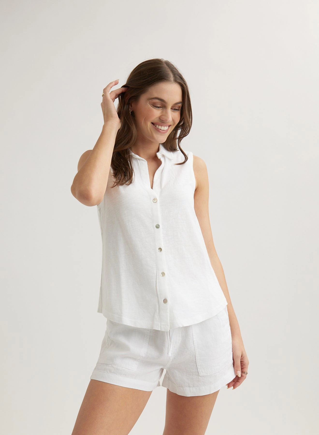 Sleeveless Button Front Top - White