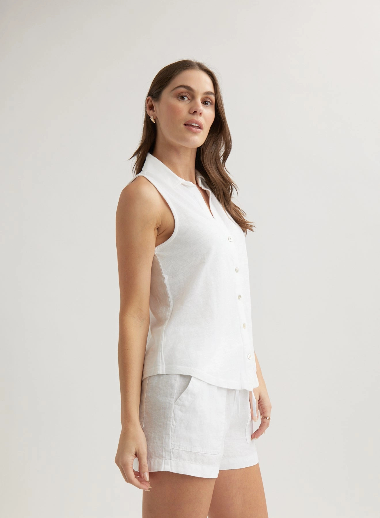 Sleeveless Button Front Top - White