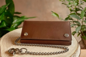 Tan Premium Leather Biker Chain Wallet With ID Window (Large 7.38" x 4.25")