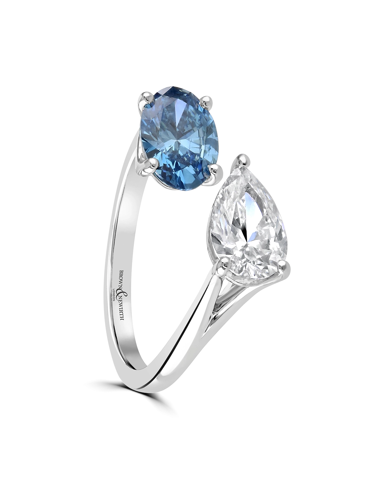Toi et Moi Lab Grown Blue & White Diamond Two Stone Ring Oval & Pear Cut in Platinum