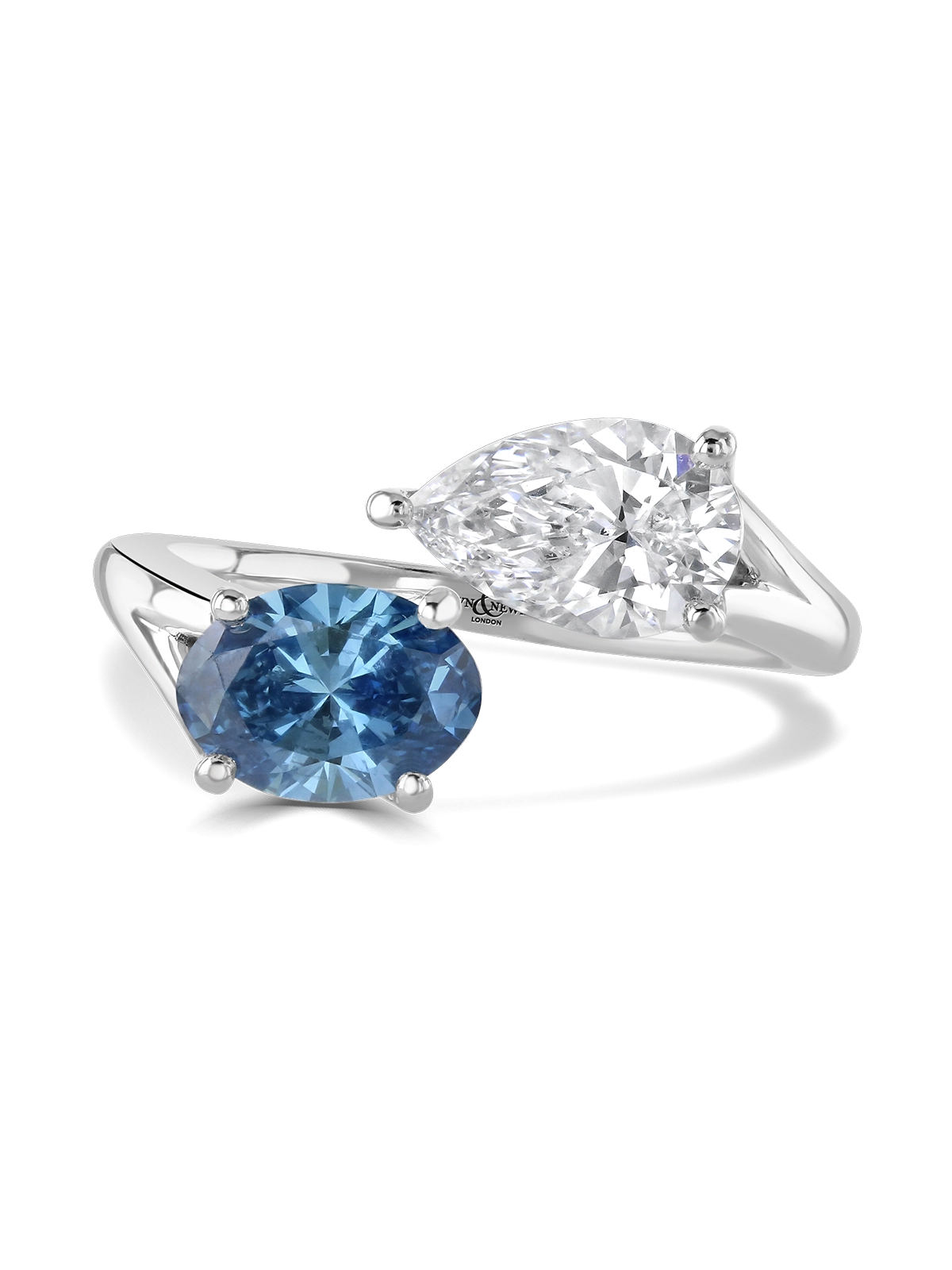 Toi et Moi Lab Grown Blue & White Diamond Two Stone Ring Oval & Pear Cut in Platinum