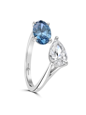 Toi et Moi Lab Grown Blue & White Diamond Two Stone Ring Oval & Pear Cut in Platinum