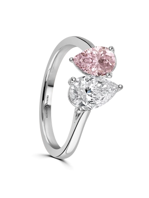 Toi et Moi Lab Grown Pink & White Diamond Two Stone Ring Pear Cut in Platinum