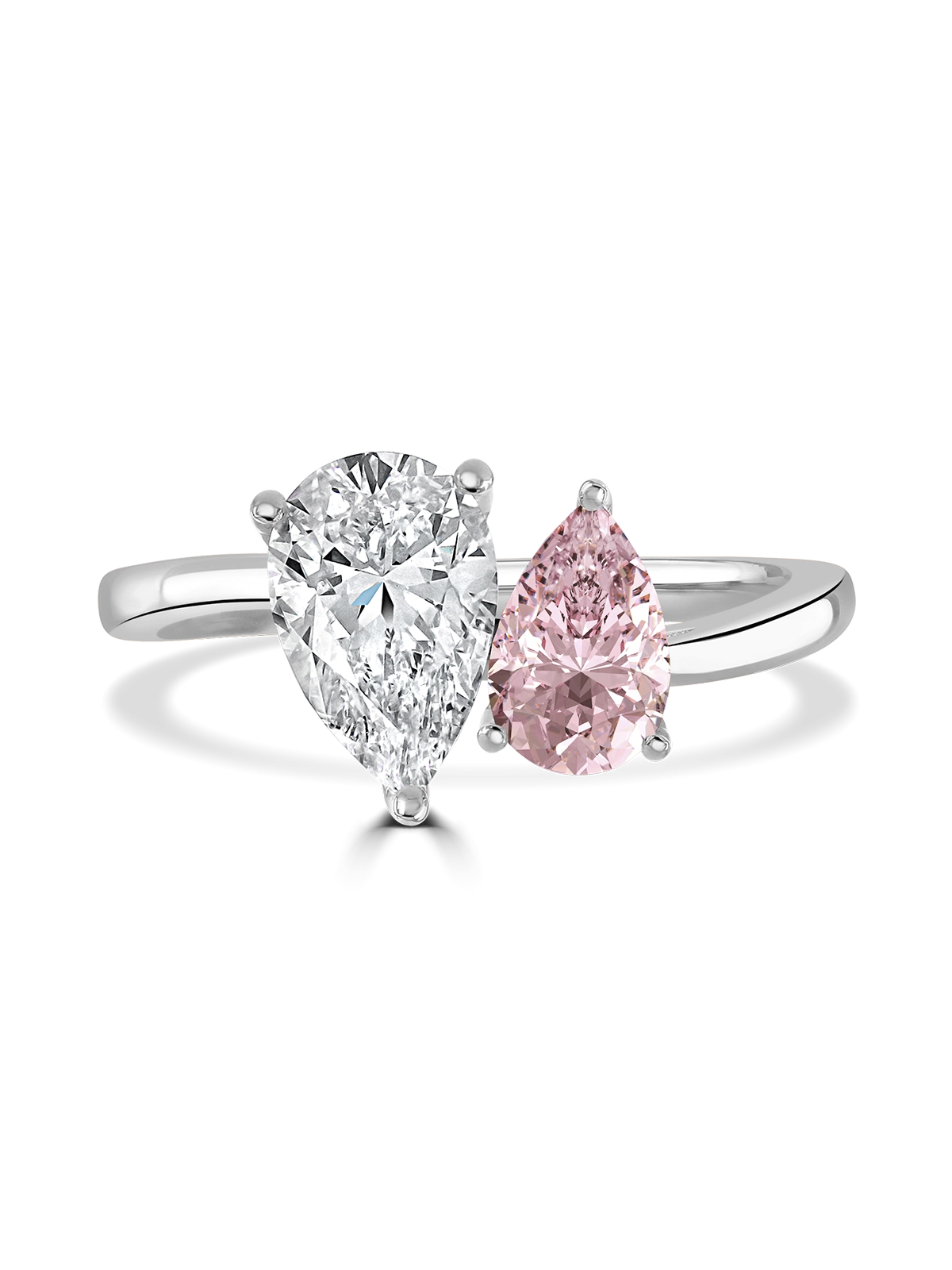 Toi et Moi Lab Grown Pink & White Diamond Two Stone Ring Pear Cut in Platinum