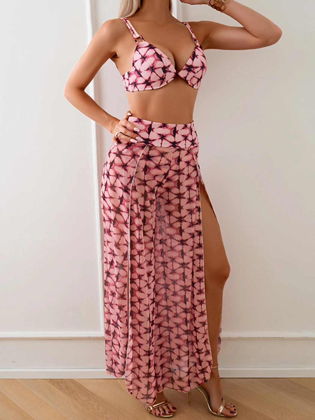 Women's 3 Piece Tropical Print Bikini with Cover Up Pants